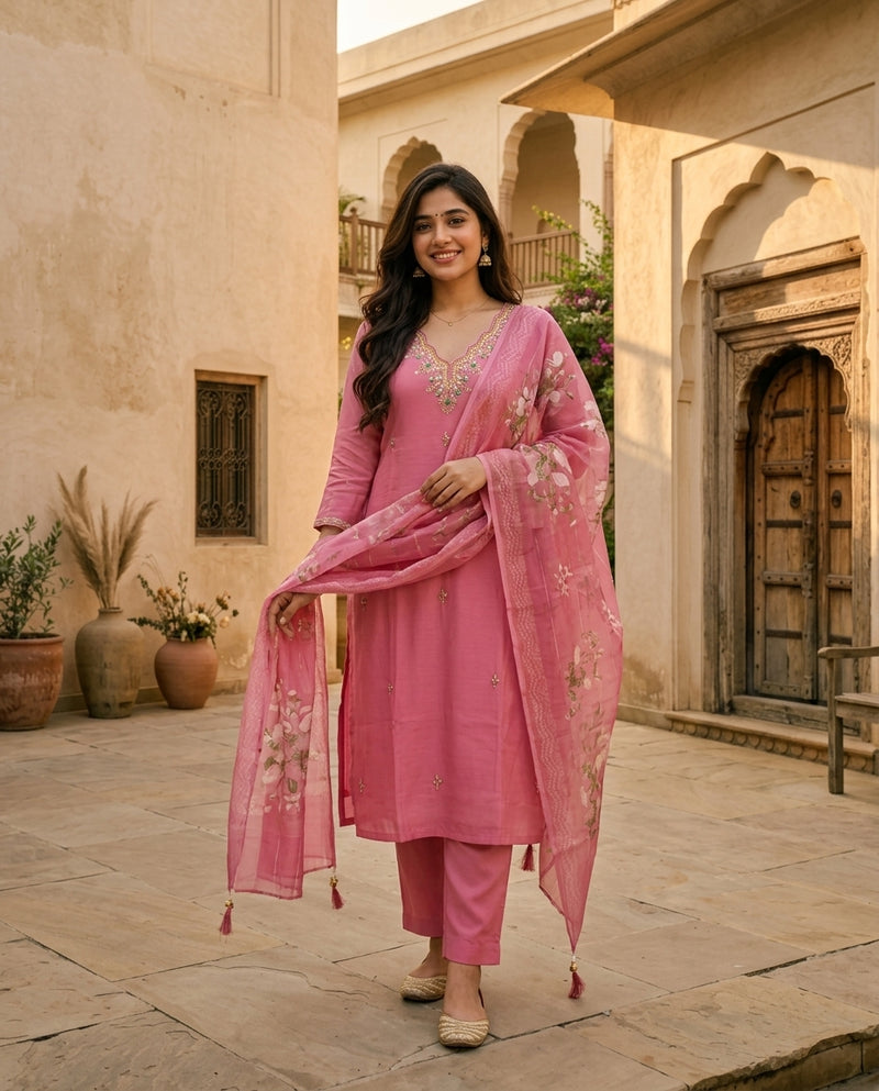 Pink Embroidered Kurta Set with Floral Print Dupatta