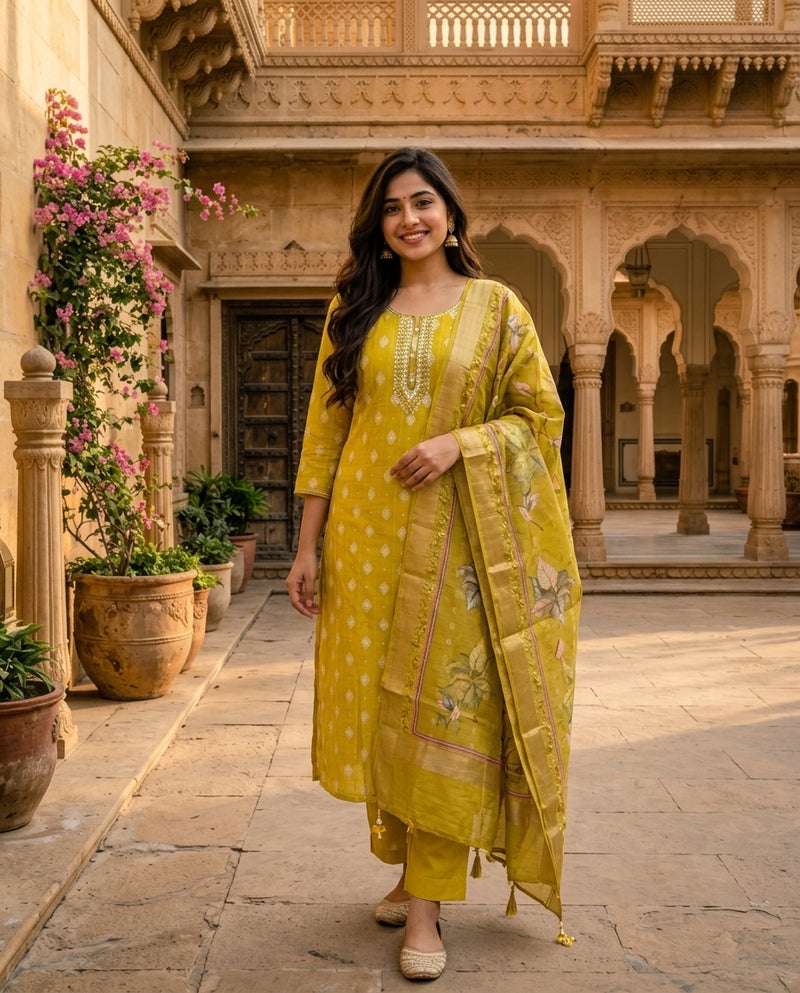Yellow Printed Kurta Set with Floral Dupatta