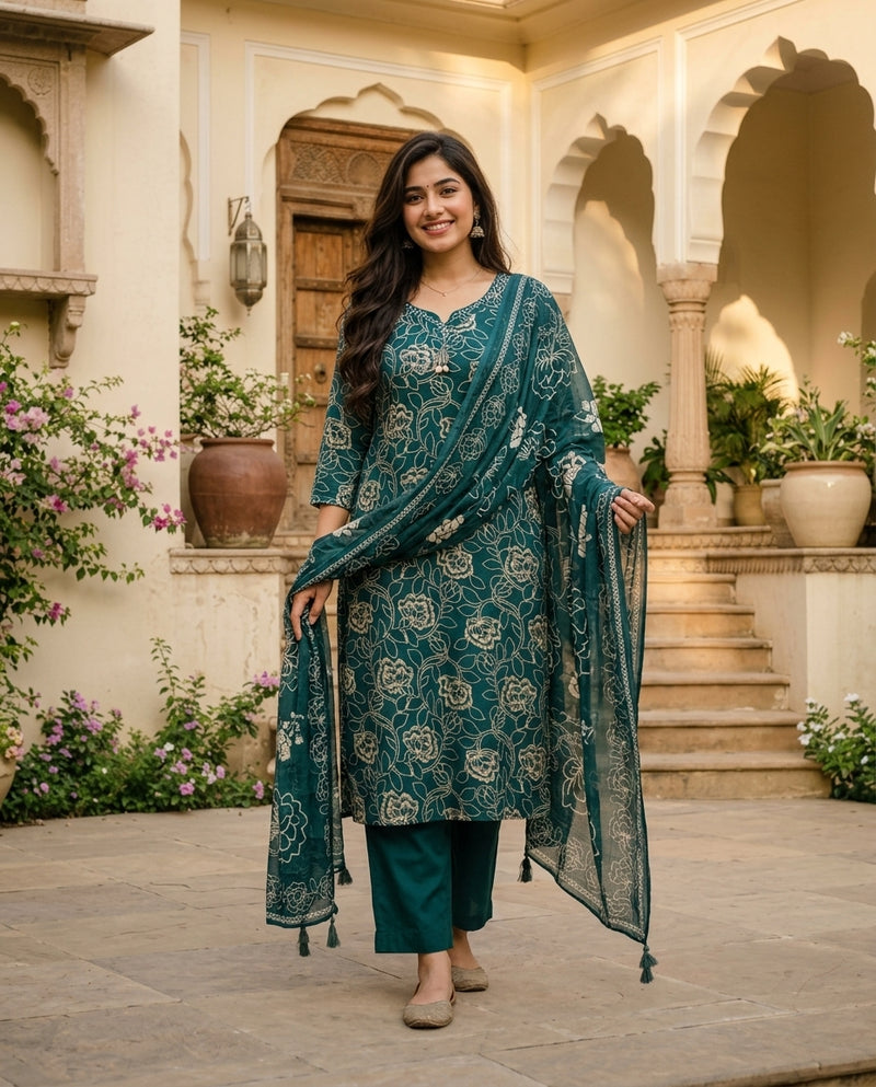 Teal Green Printed Kurta Suit Set with Dupatta