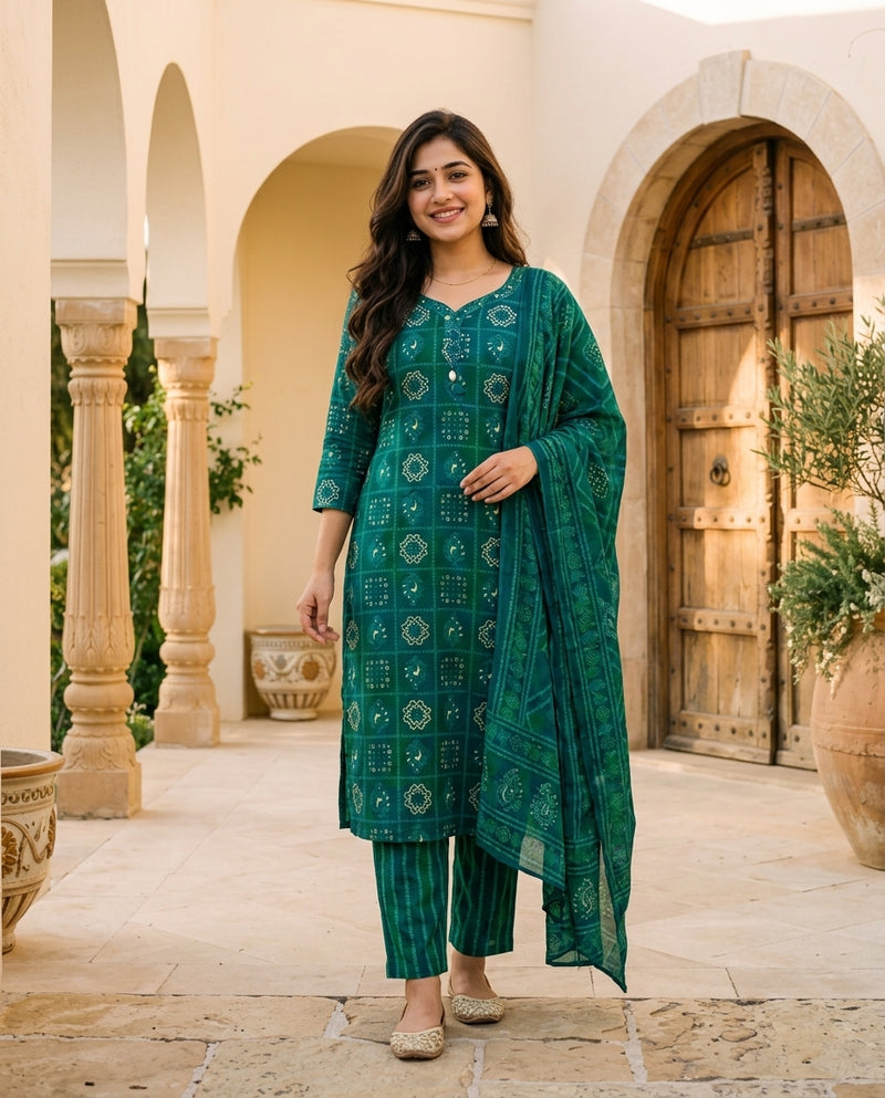 Teal and Green Bandhani Print Suit Set with Dupatta