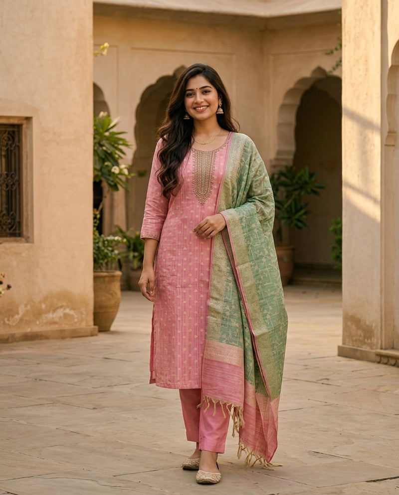 Pink Embroidered Kurta Set with Contrast Dupatta