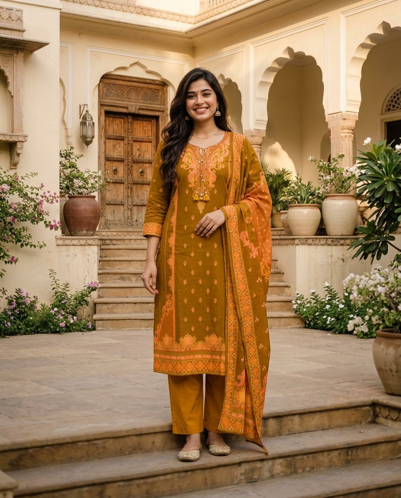 Mustard Yellow Printed Kurta Set with Dupatta
