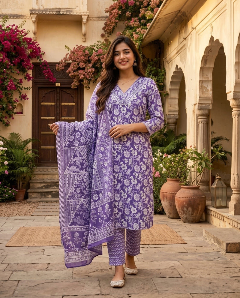 Purple Floral Printed V-Neck Kurta Set with Dupatta