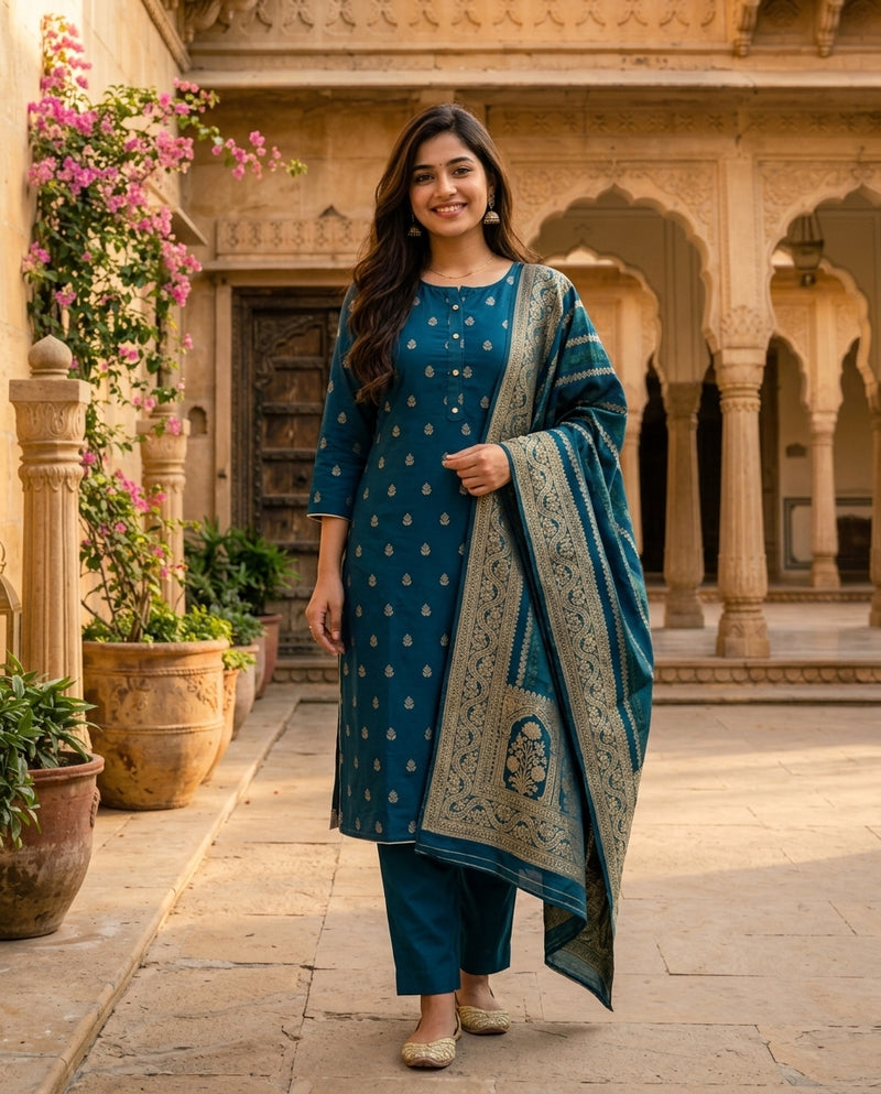 Teal Blue Woven Booti Kurta Set with Jacquard Dupatta
