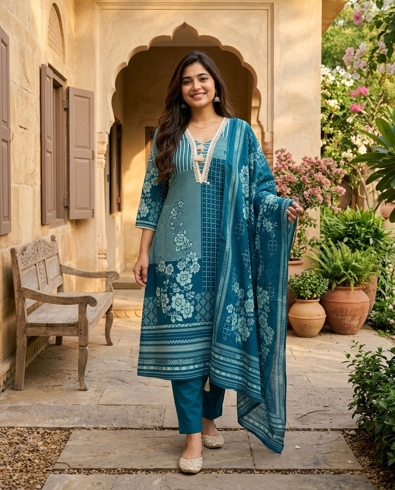 Teal Blue Printed A-Line Kurta Set with Dupatta
