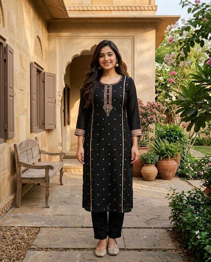 Black Embroidered Kurta with Trousers