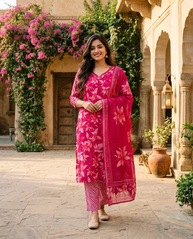 Pink Floral Printed Suit Set with Dupatta