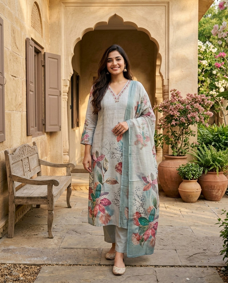 Grey Floral Printed Suit Set with Embroidered Neckline