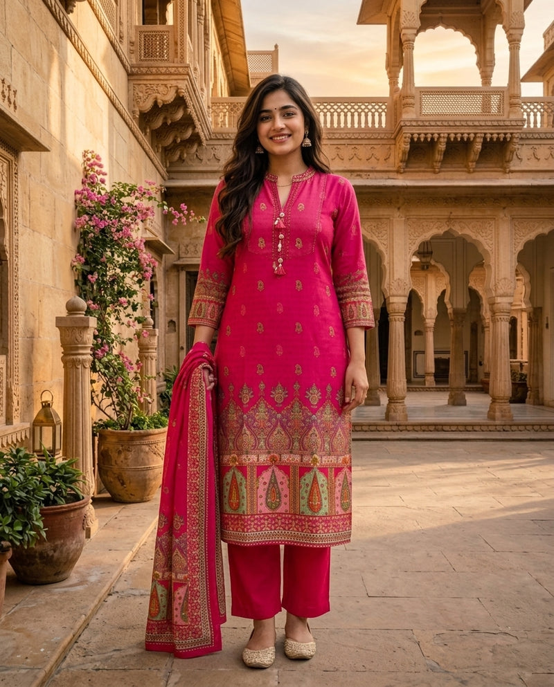 Bright Pink Printed Suit Set with Embellished Neckline