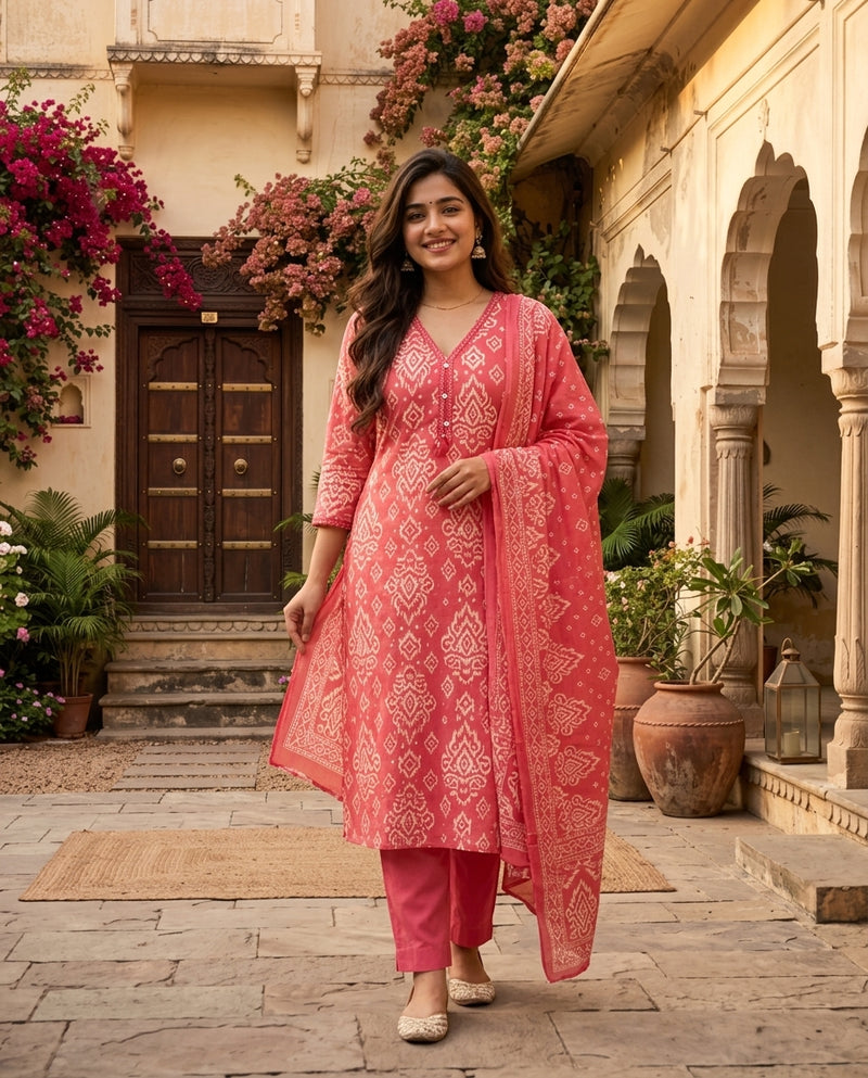 Pink Ikat Printed Kurta Set with Trousers and Dupatta