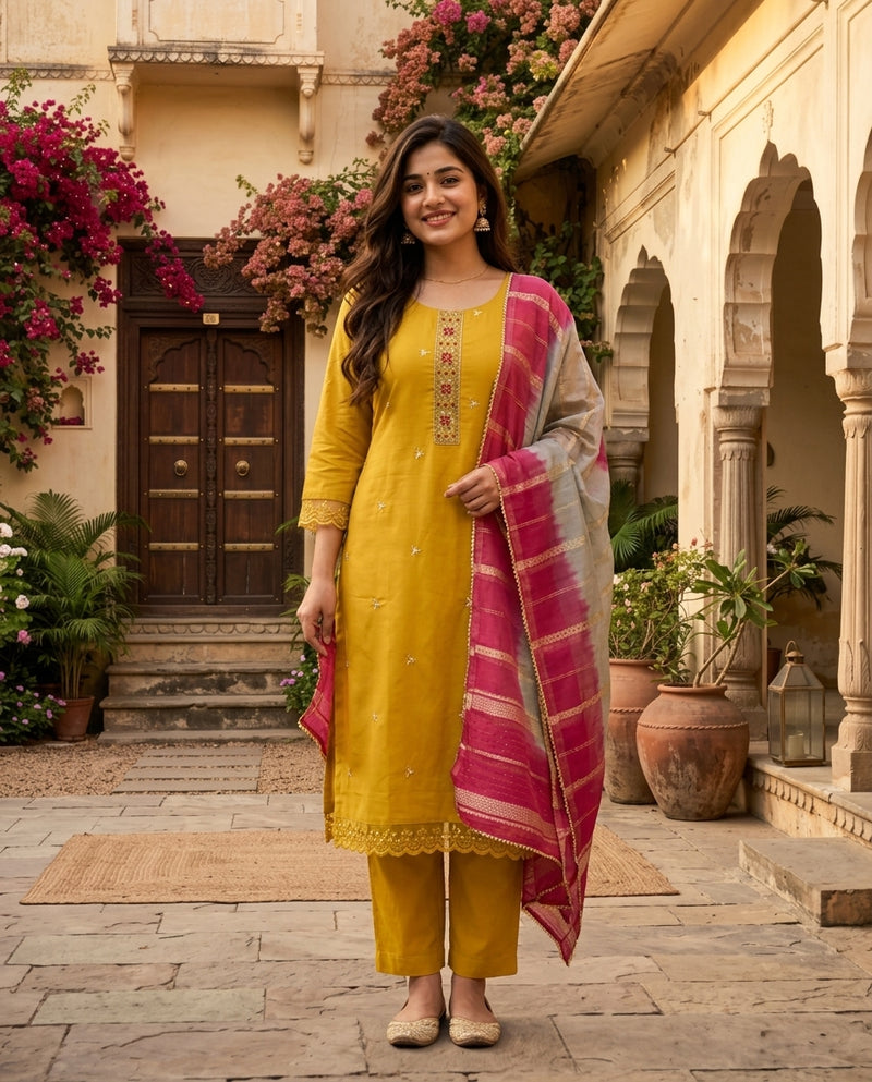 Mustard Yellow Embroidered Kurta Set with Shaded Zari Dupatta