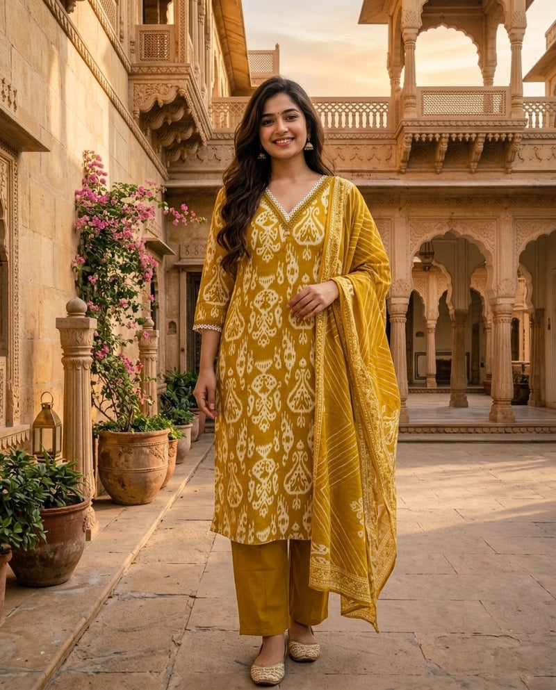 Mustard Ikat Printed V-Neck Kurta Set with Dupatta