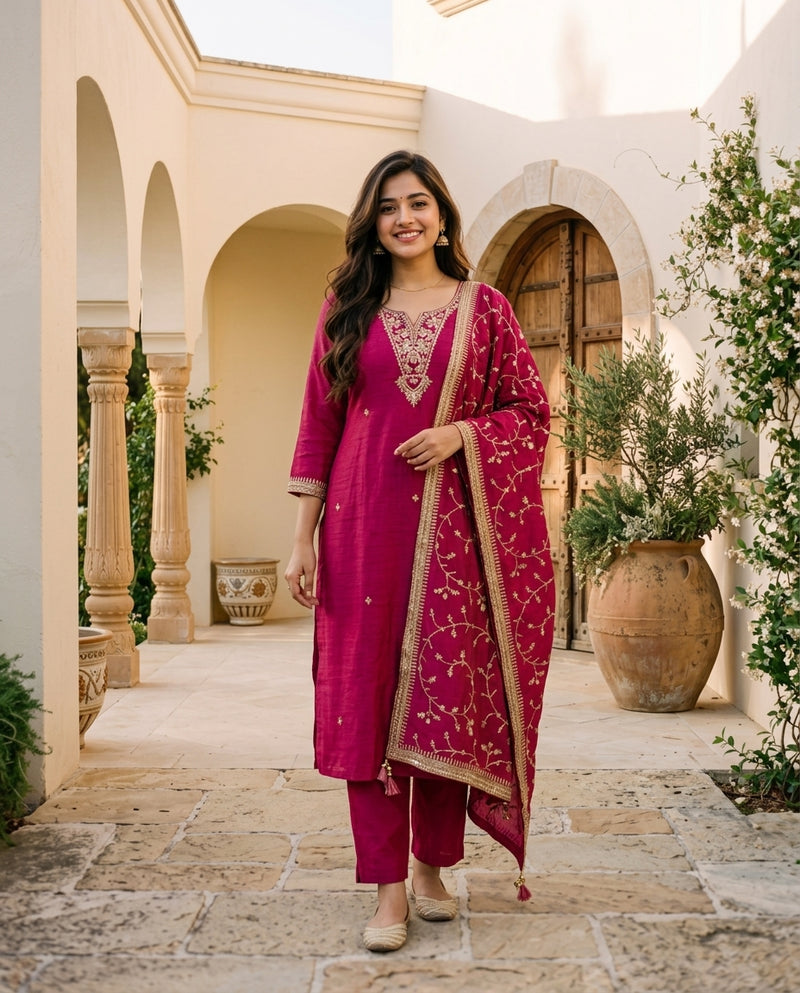 Magenta Embroidered Kurta Set with Dupatta and Trousers