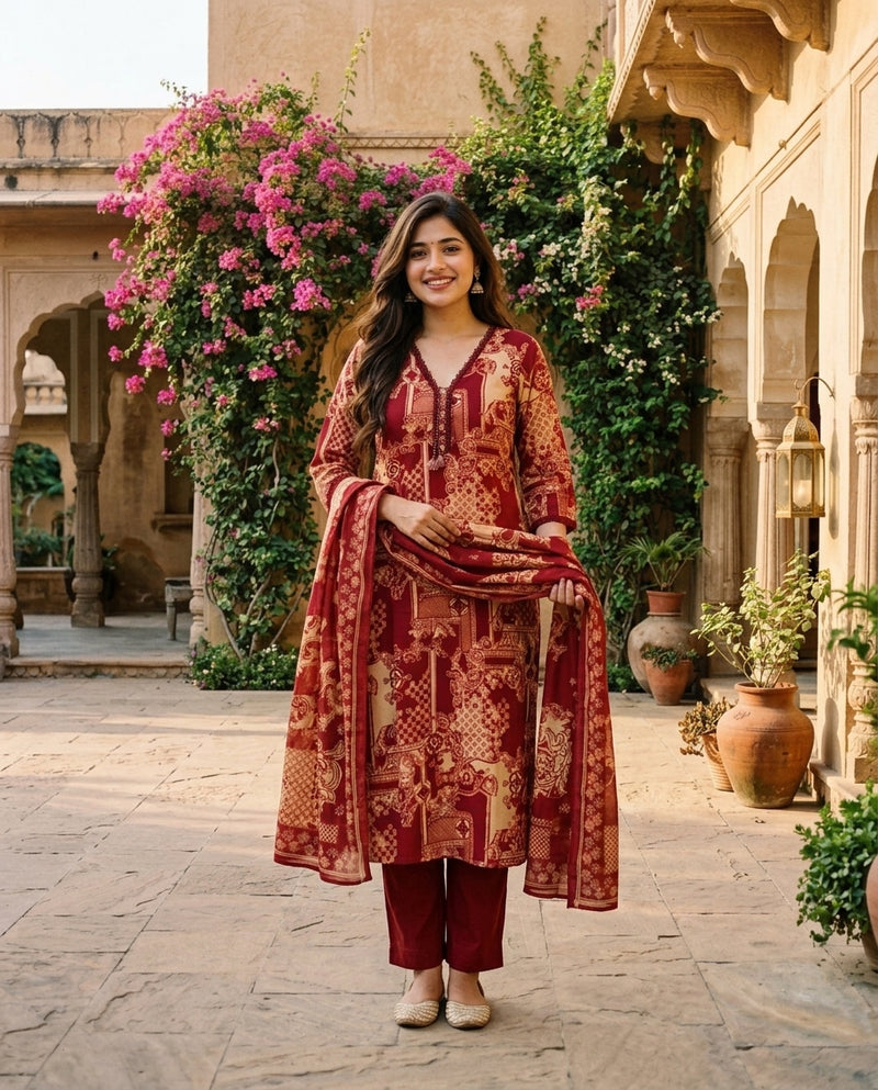 Maroon Printed V-Neck Kurta Set with Trousers and Dupatta
