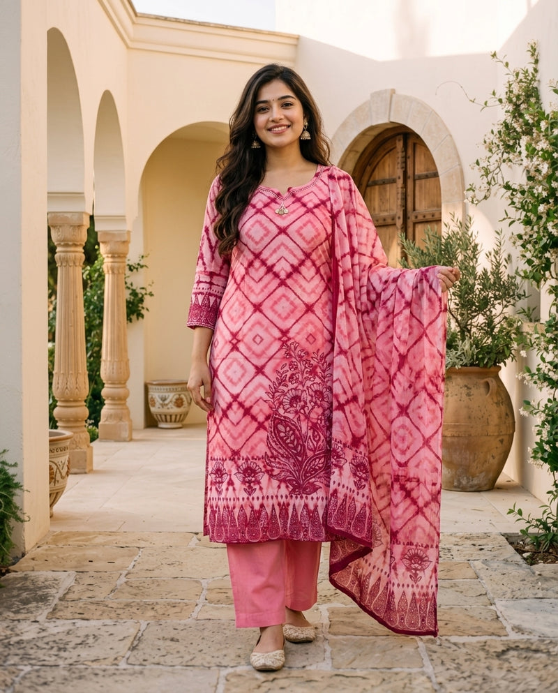 Pink Tie-Dye Printed Suit Set with Beaded Neckline