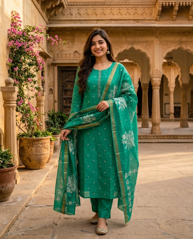 Green Embroidered Kurta Set with Printed Dupatta and Trousers