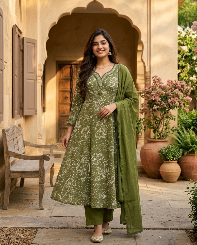Olive Green Bandhani Print Anarkali Suit Set