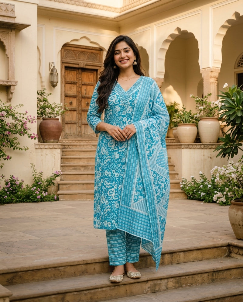 Turquoise Floral Print V-Neck Kurta Set with Dupatta