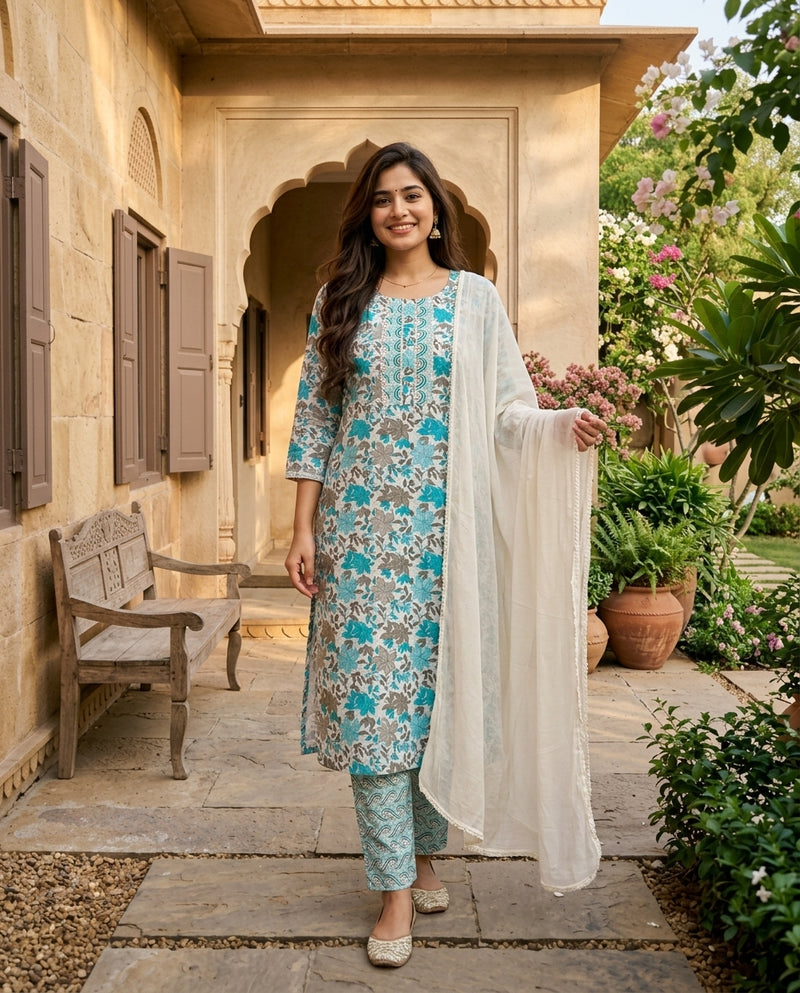 Teal Blue Floral Print Kurta Set with Trousers and Dupatta