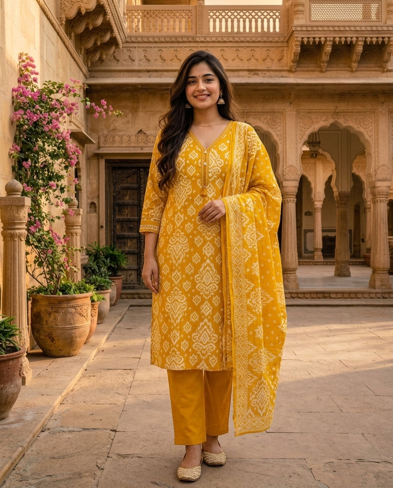 Mustard Yellow Ikat Print Suit Set with Dupatta