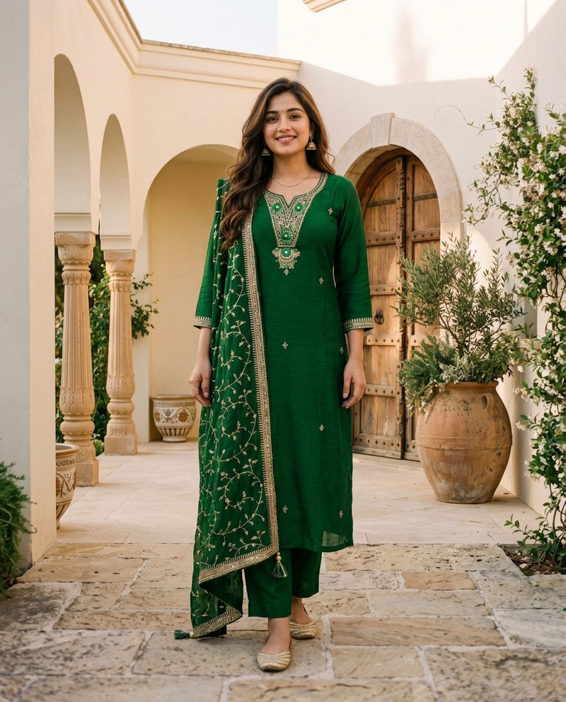 Emerald Green Embroidered Suit Set with Dupatta