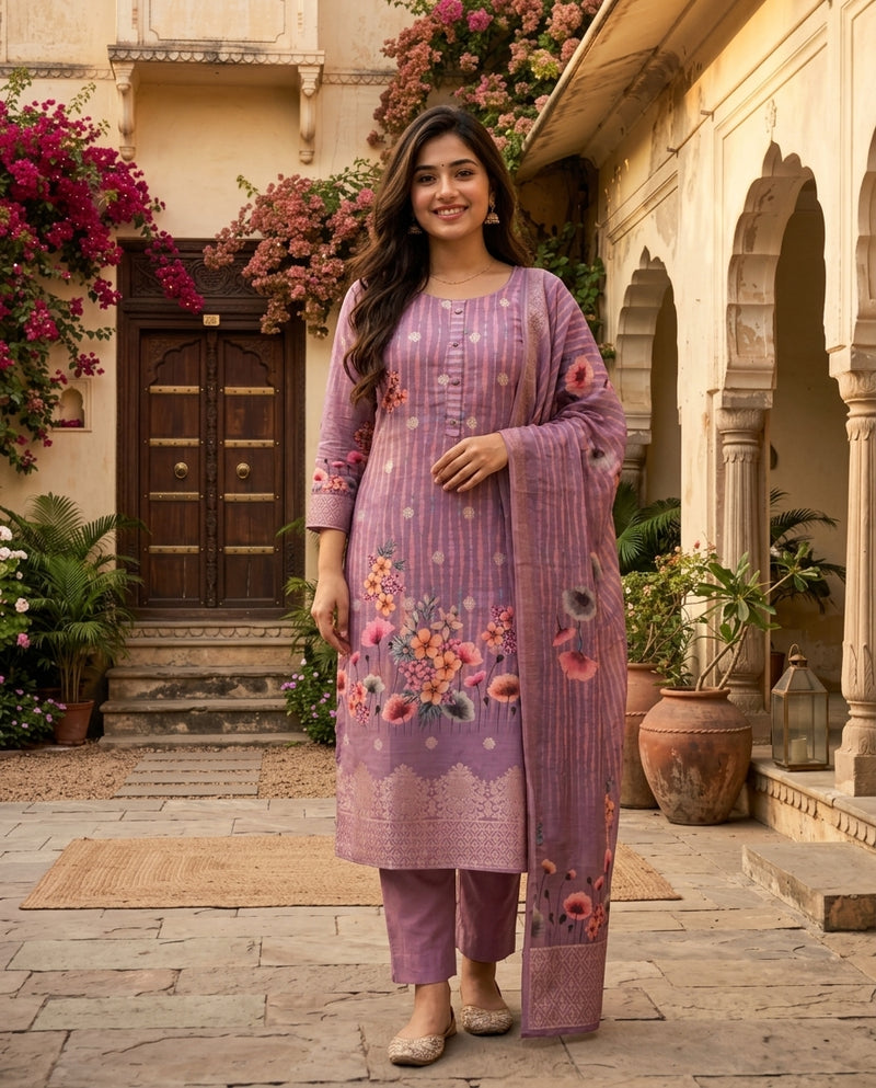 Mauve Printed Kurta Set with Dupatta and Trousers