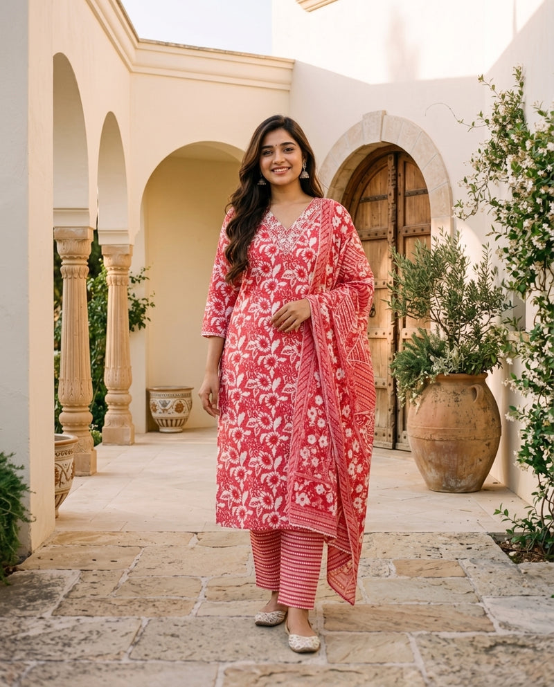 Red and White Floral Printed Suit Set with Dupatta