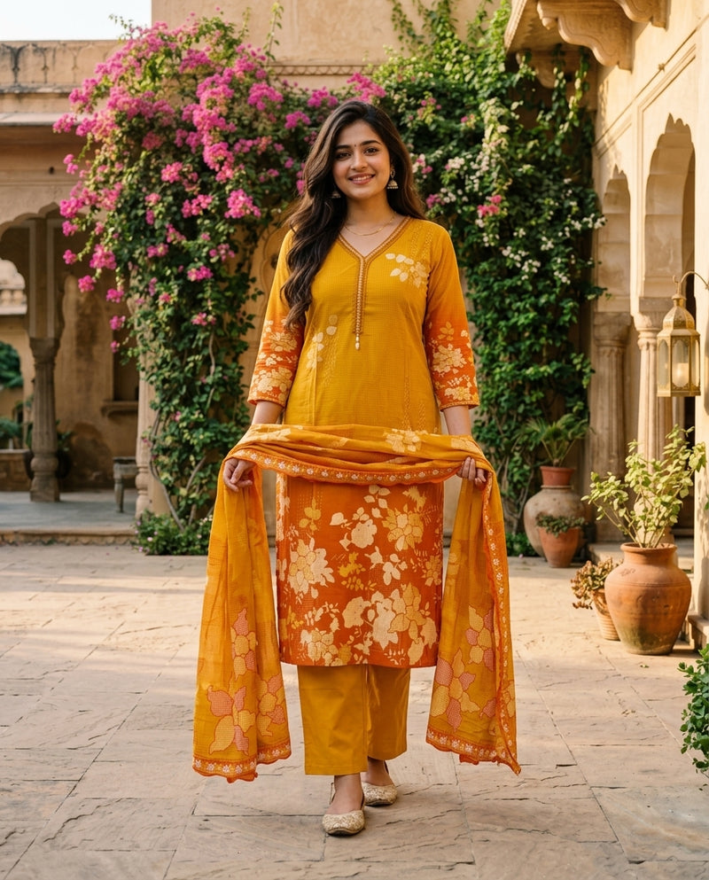 Mustard Yellow & Orange Ombre Printed Kurta Set