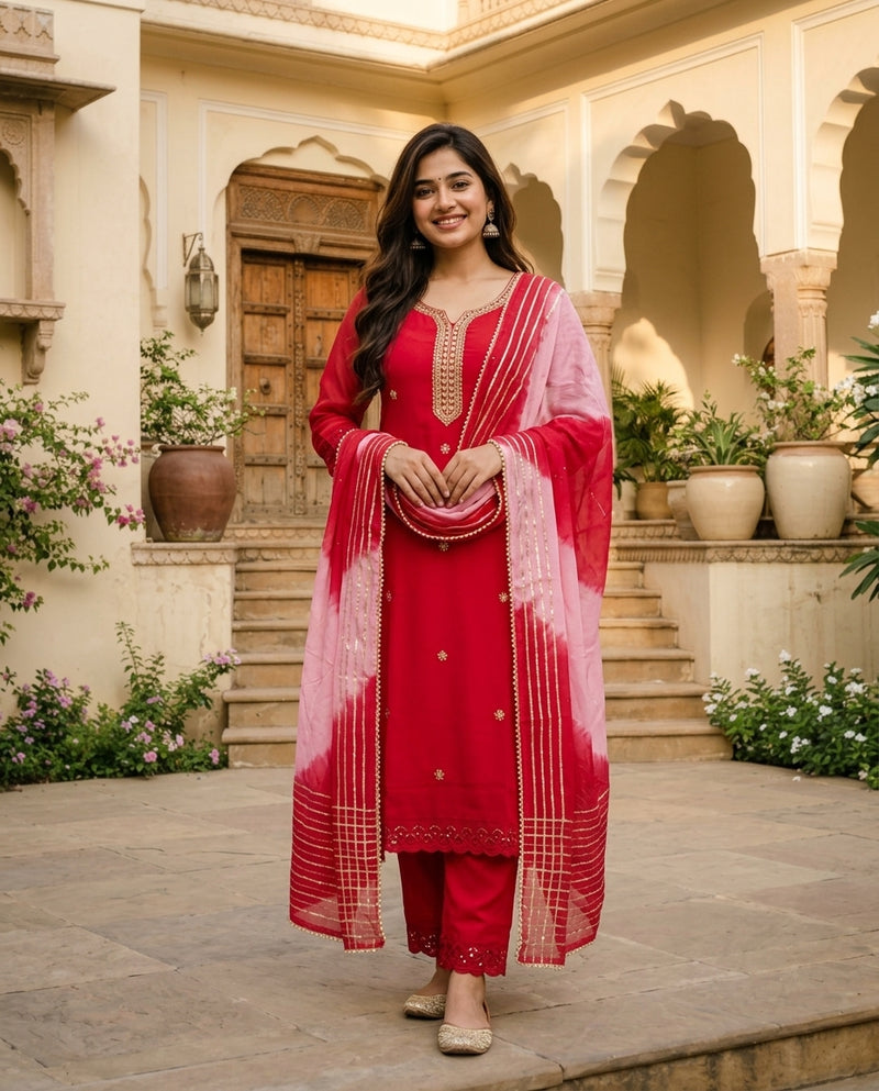 Red Embroidered Kurta Set with Leheriya Dupatta