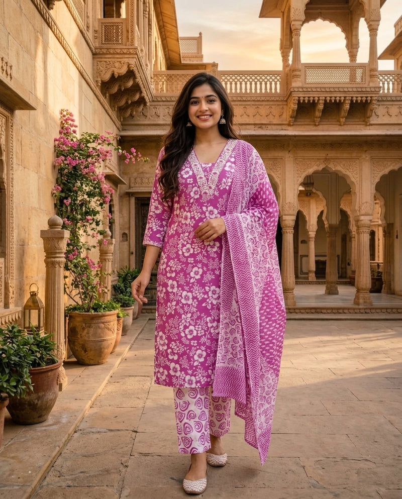Magenta Floral Print Kurta Set with Dupatta
