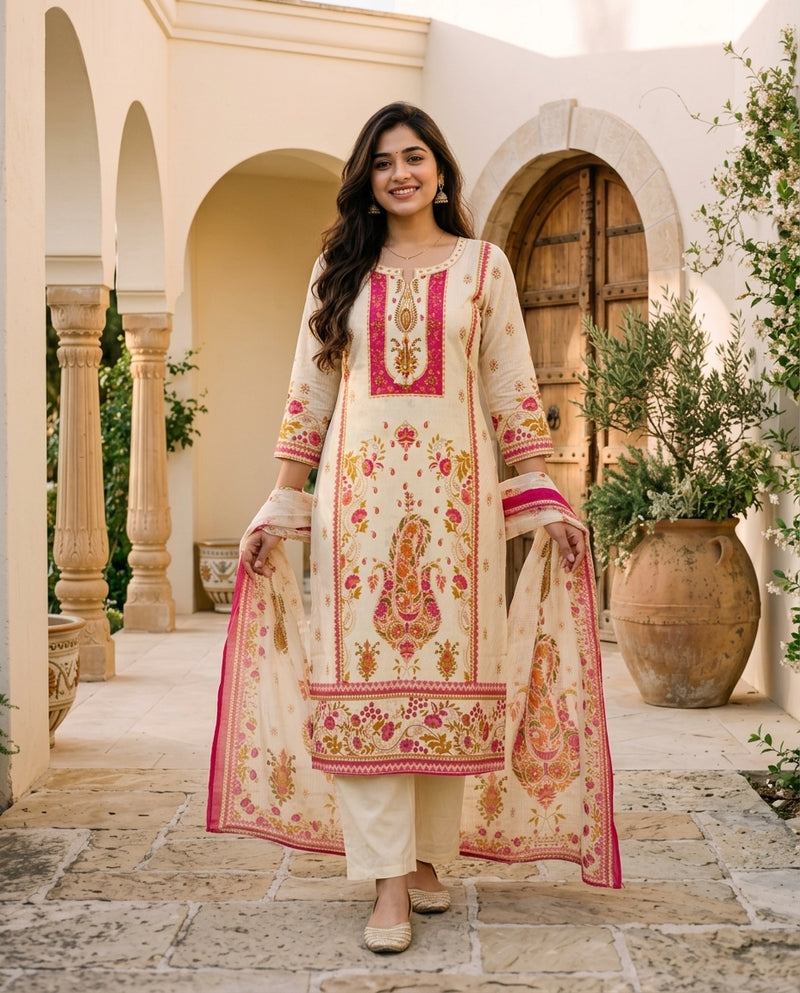 Cream Printed Kurta Set with Dupatta