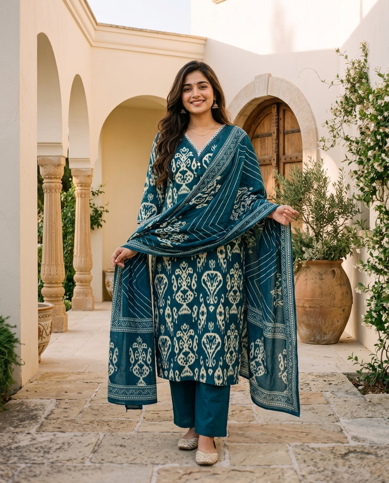 Teal Ikat Print Kurta Set with Dupatta