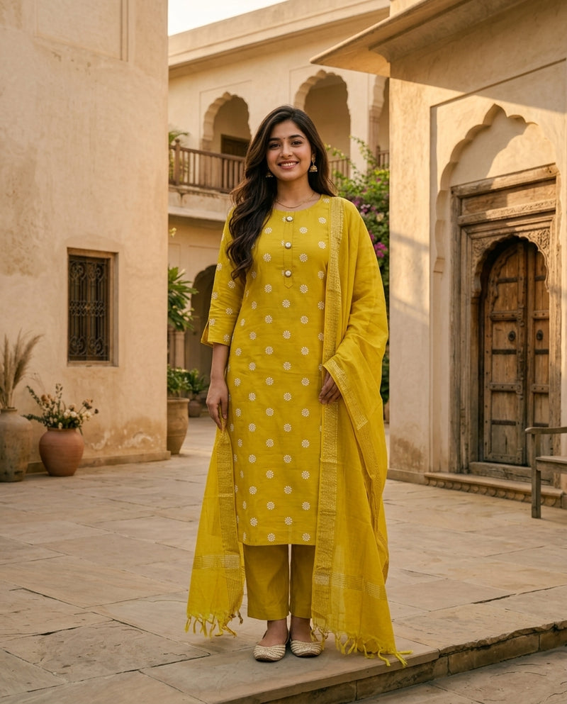 Yellow Woven Motif Kurta Set with Trousers & Dupatta