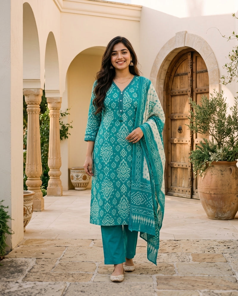 Teal Ikat Print Kurta Set with Dupatta