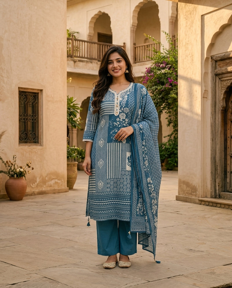 Blue Patchwork Printed Flared Kurta Set with Dupatta