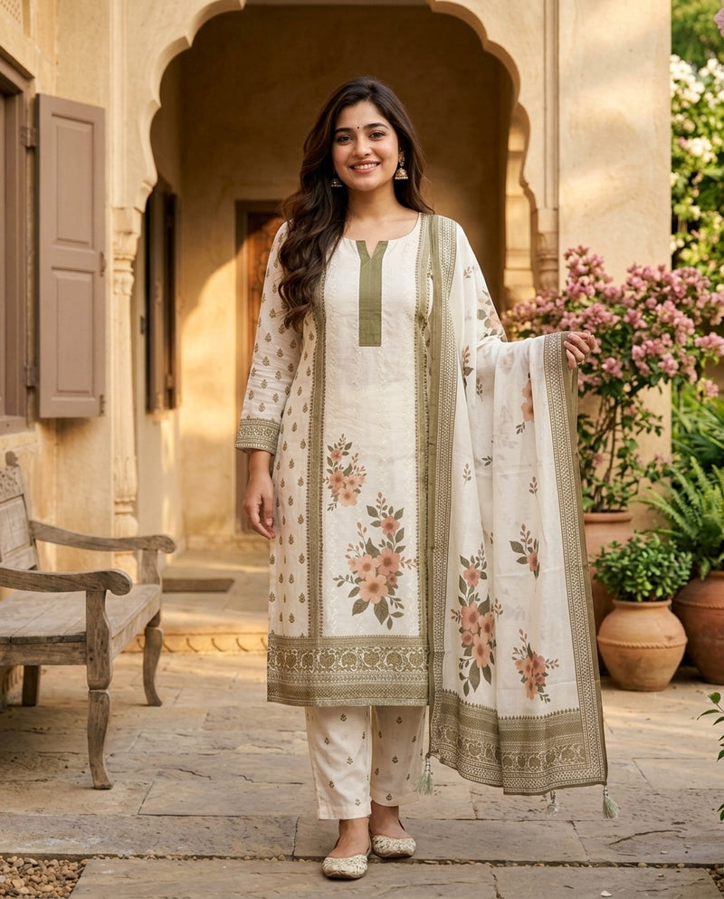 Off-White Printed Suit Set with Floral Accents