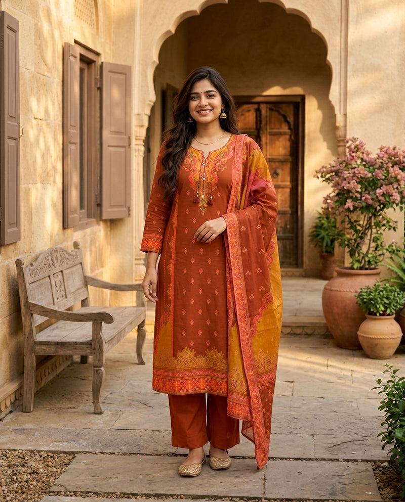 Rust Orange Printed Kurta Set with Trousers and Dupatta