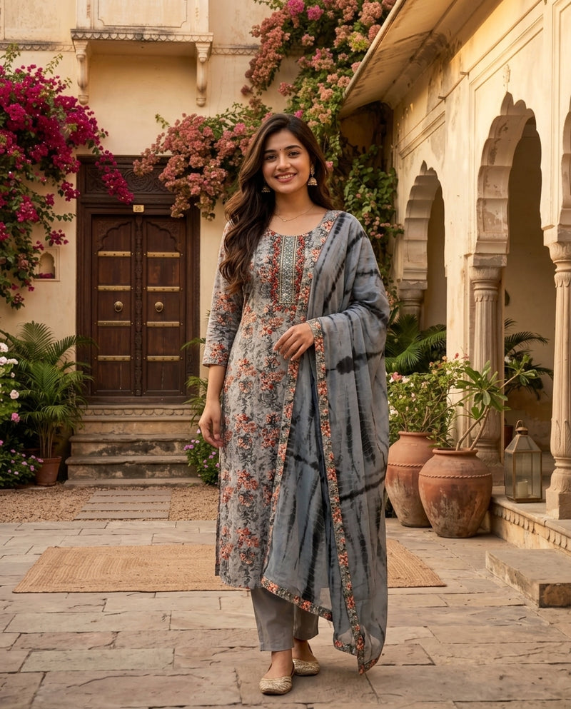 Grey Floral Printed Kurta Set with Embroidered Yoke and Dupatta