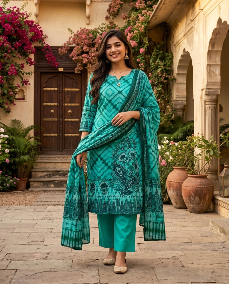 Turquoise Tie-Dye Printed Kurta Set with Dupatta
