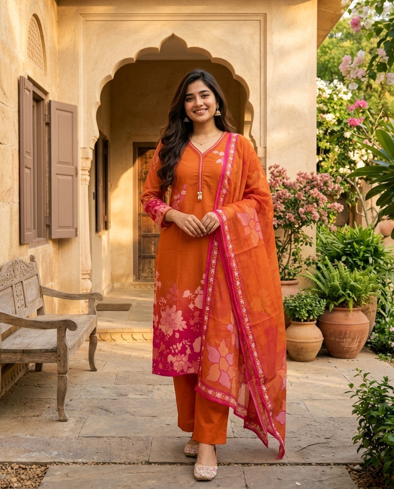 Orange Floral Printed Suit Set with Dupatta