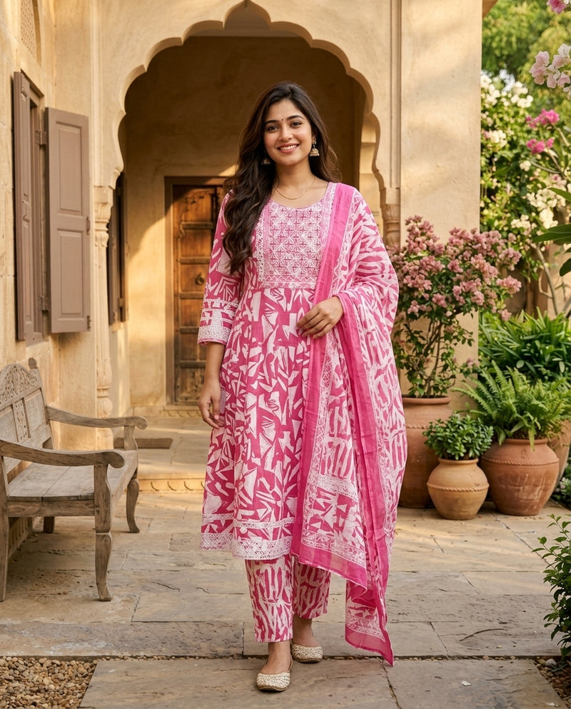 Pink Geometric Print Frock Suit Set with Embroidered Yoke