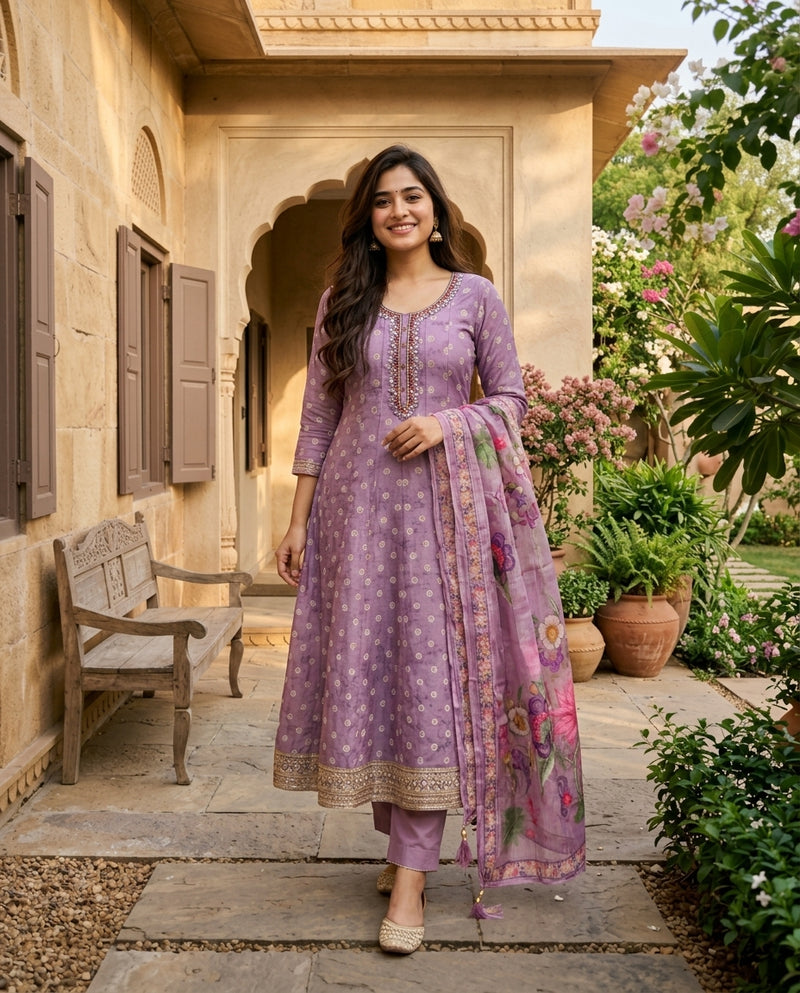 Mauve Kalidar Frock Suit Set with Embellished Neckline