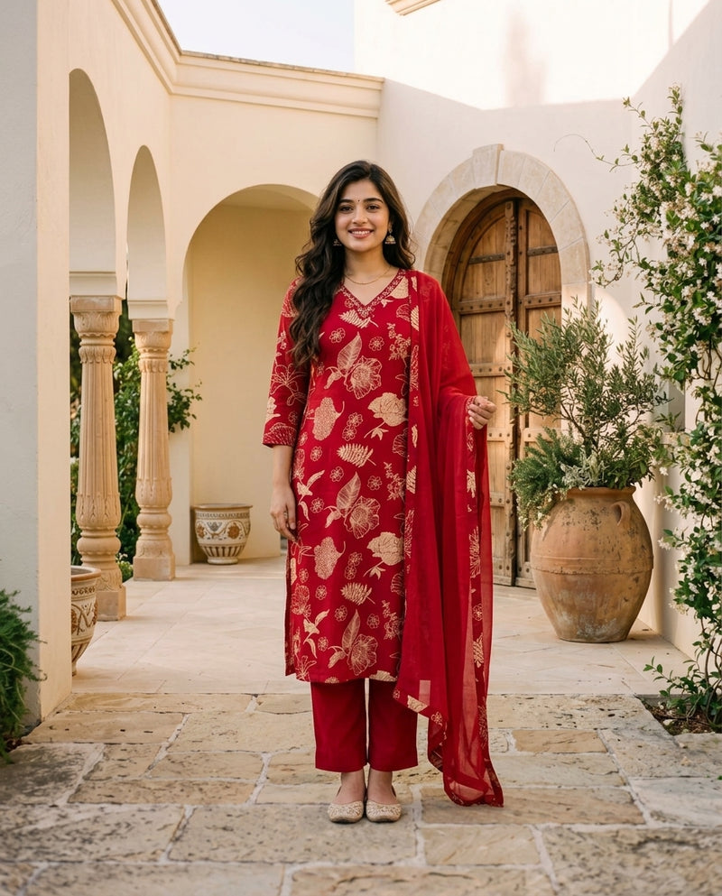 Red & Gold Floral Print Kurta Pant Set with Dupatta