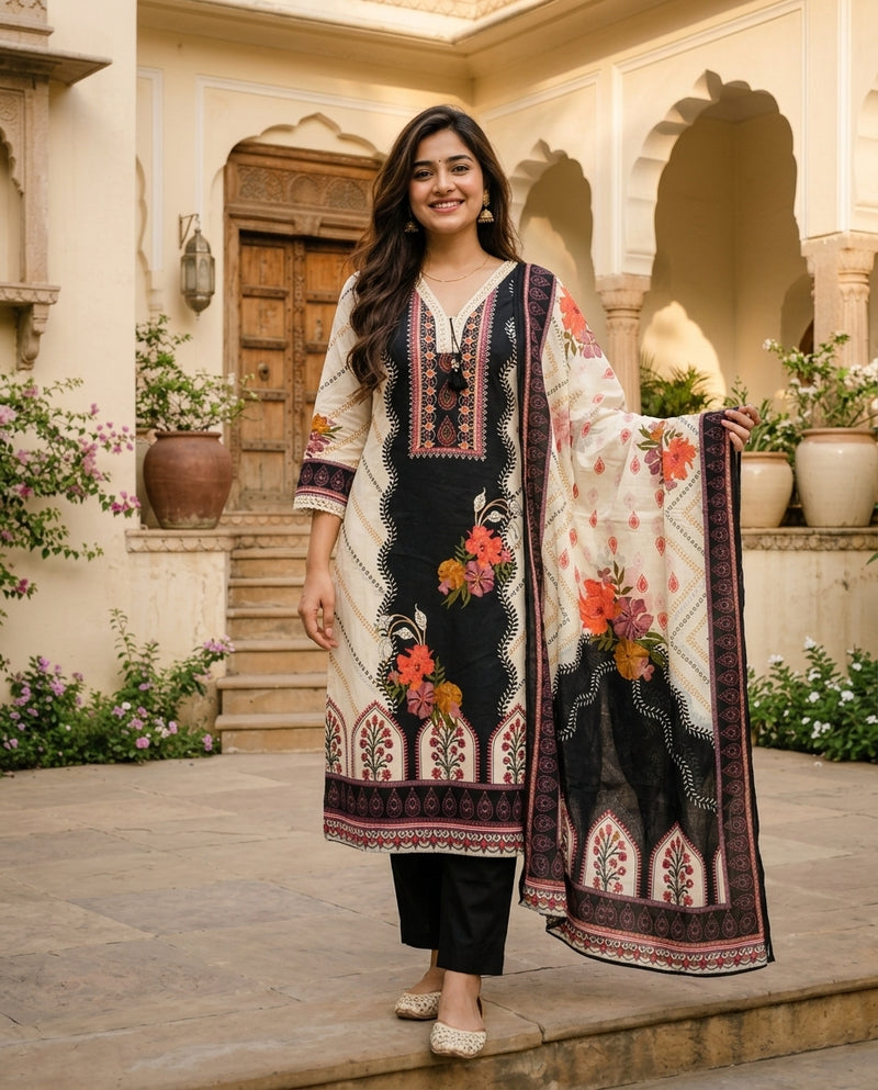Off-White and Black Printed Suit Set with Dupatta