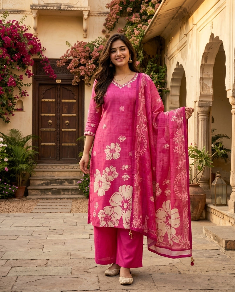 Bright Pink Floral Printed Kurta Set with Dupatta