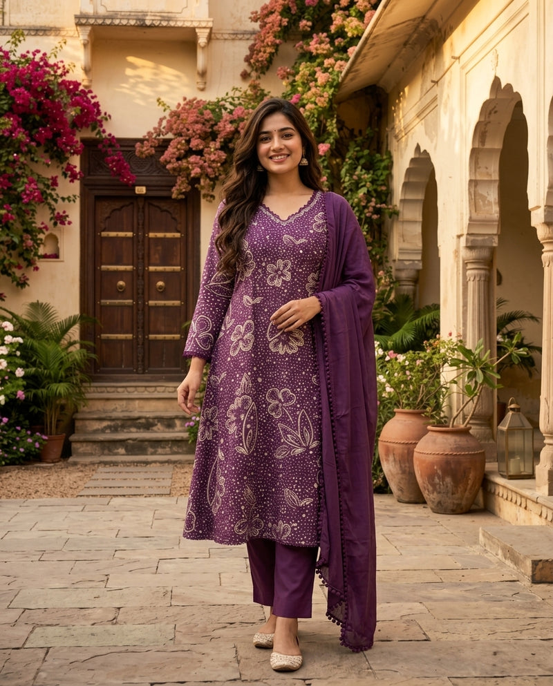 Purple Bandhani Print Flared Kurta Set with Dupatta