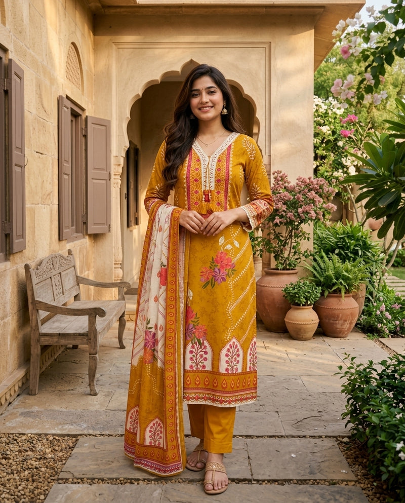 Mustard Yellow Floral Printed Suit Set with Lace Trim