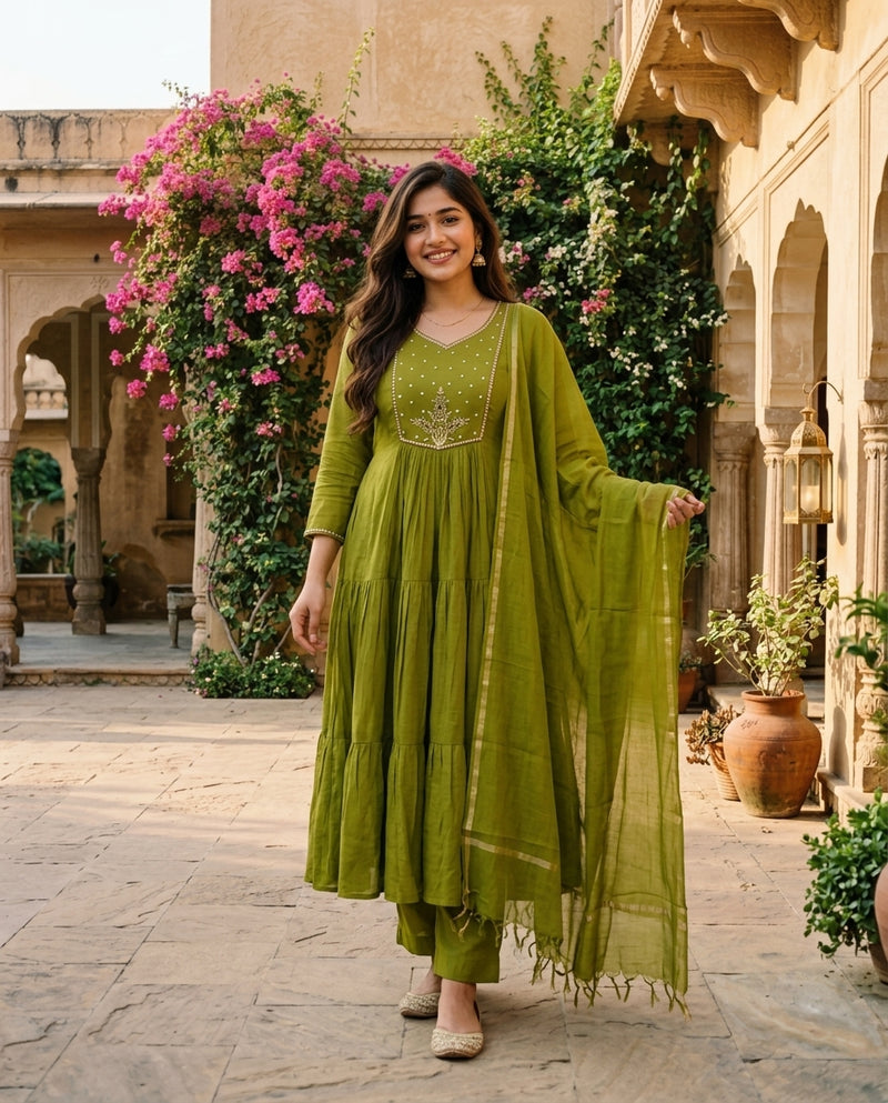 Olive Green Round Neck Embroidered Kurta Set