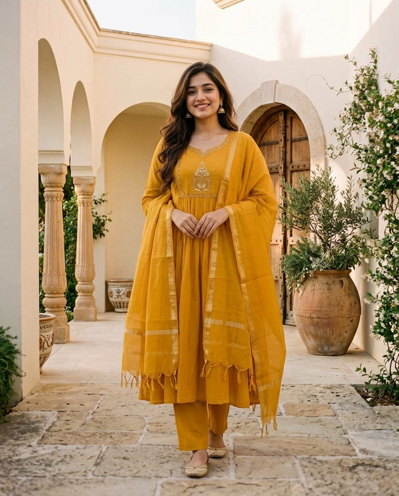 Mustard Yellow Anarkali Kurta Set with Embroidered Yoke