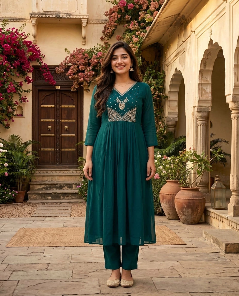 Teal and Gold Embroidered Ankle Length Frock Suit with Dupatta